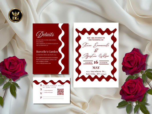 Elegant White Wedding Invitation Suite with Red Wavy Accent | Editable RSVP, Details & Invite | Modern Trendy Wedding Stationery