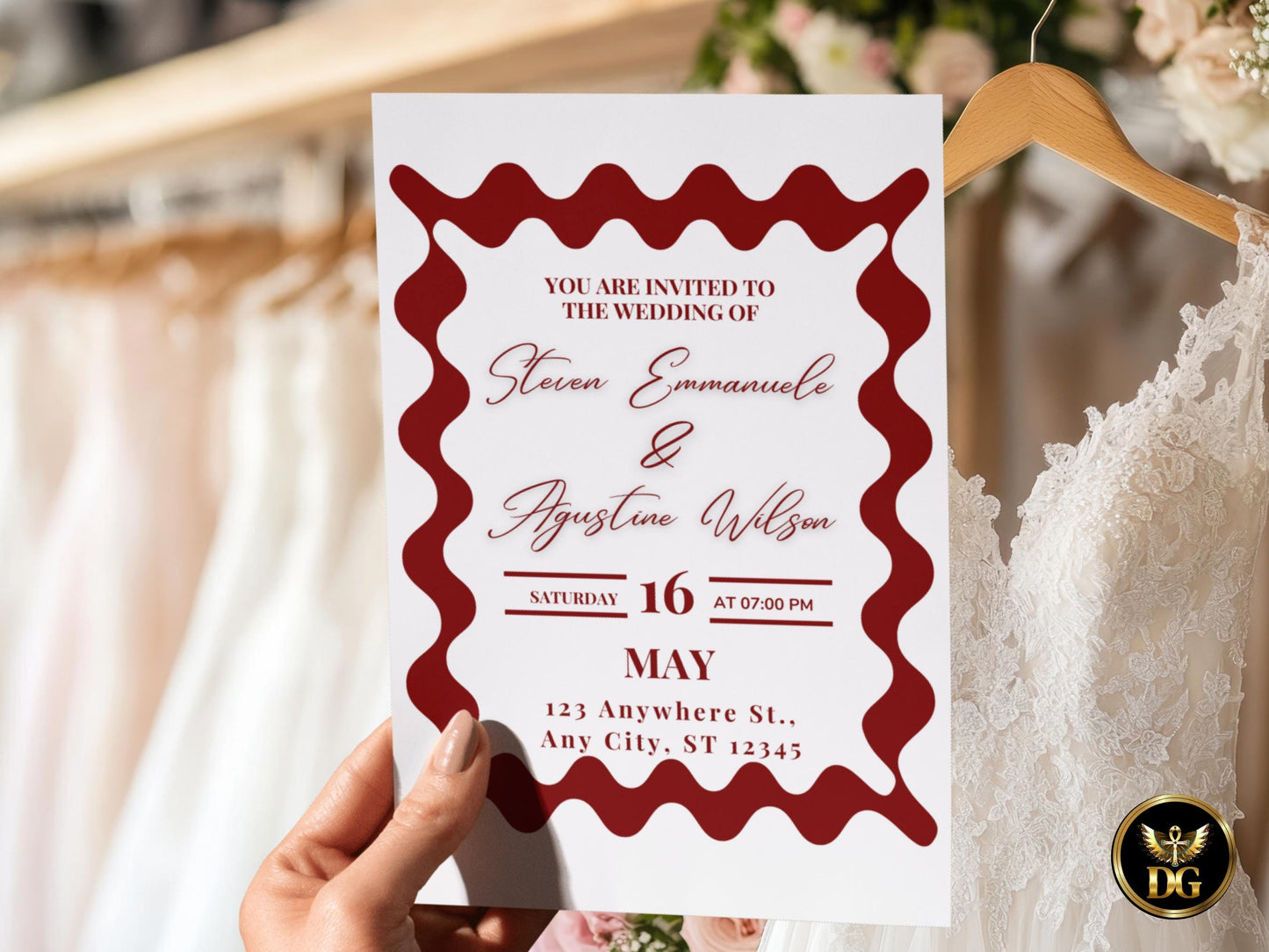 Elegant White Wedding Invitation Suite with Red Wavy Accent | Editable RSVP, Details & Invite | Modern Trendy Wedding Stationery
