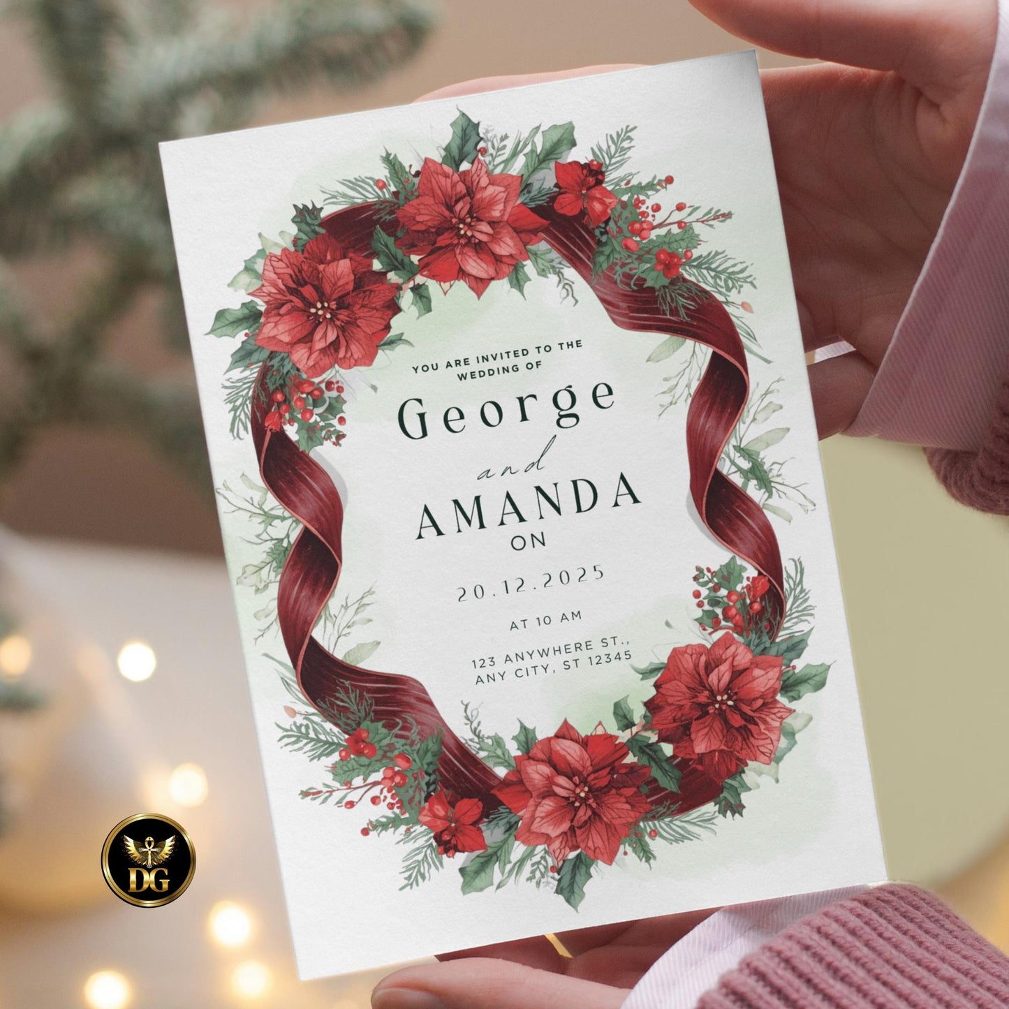 Festive Poinsettia Christmas Wedding Invitation Bundle – Editable 3-Card Suite with RSVP, Details, and Red Floral Gold Frame