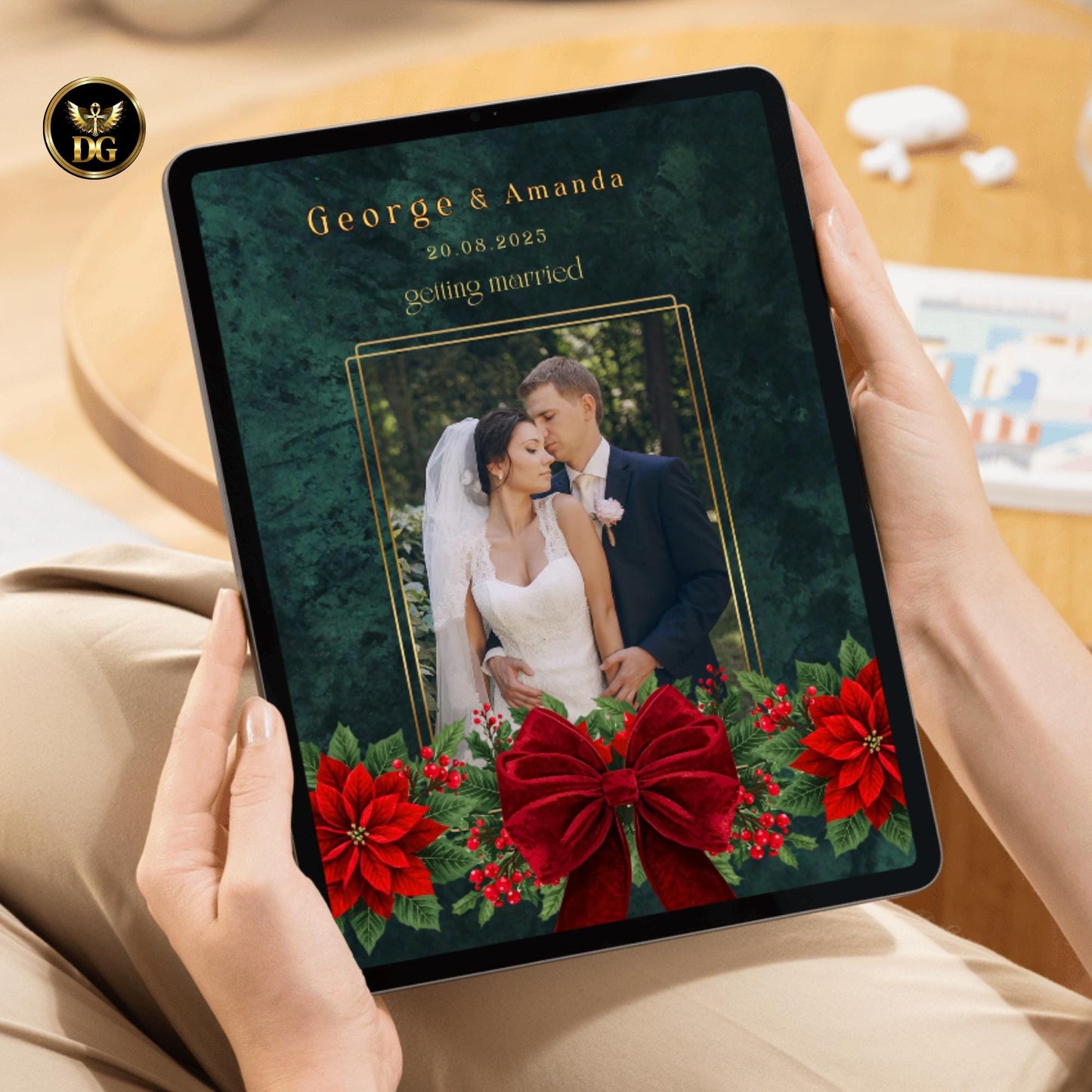 Christmas Wedding Invitation Bundle - Emerald Velvet Poinsettia, Save the Date, RSVP, Details, Menu, Thank You, Bride & Groom Cards