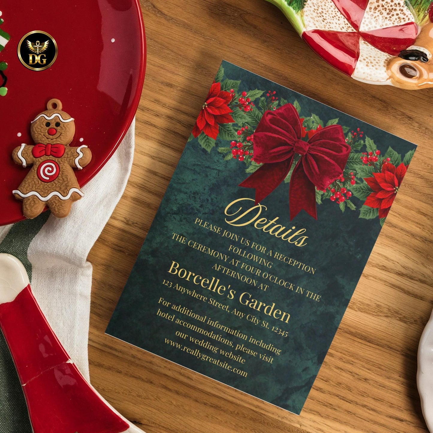 Christmas Wedding Invitation Bundle - Emerald Velvet Poinsettia, Save the Date, RSVP, Details, Menu, Thank You, Bride & Groom Cards