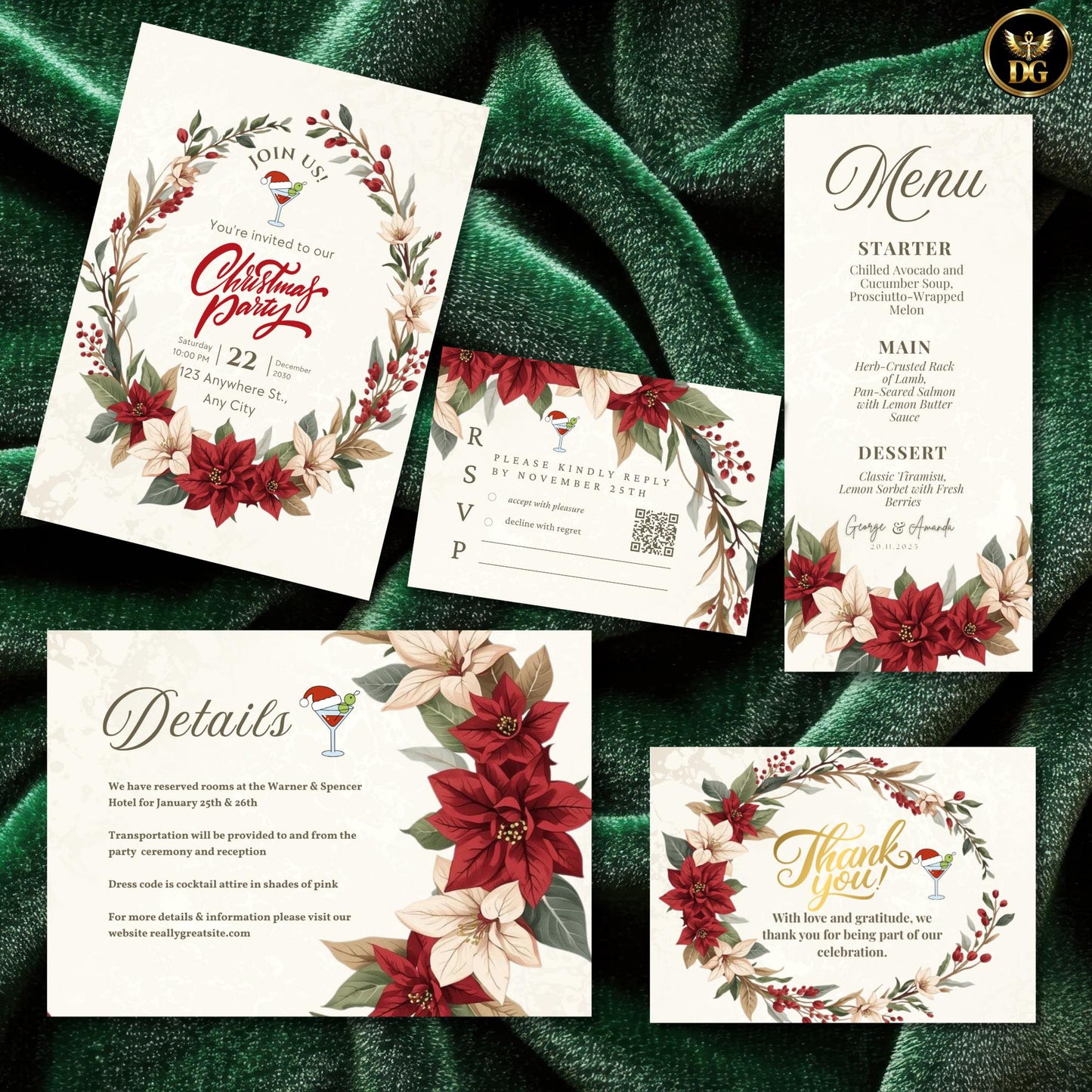 Christmas Party Digital Templates - Cream Gold Poinsettia Invitation, RSVP, Details, Menu, Thank You