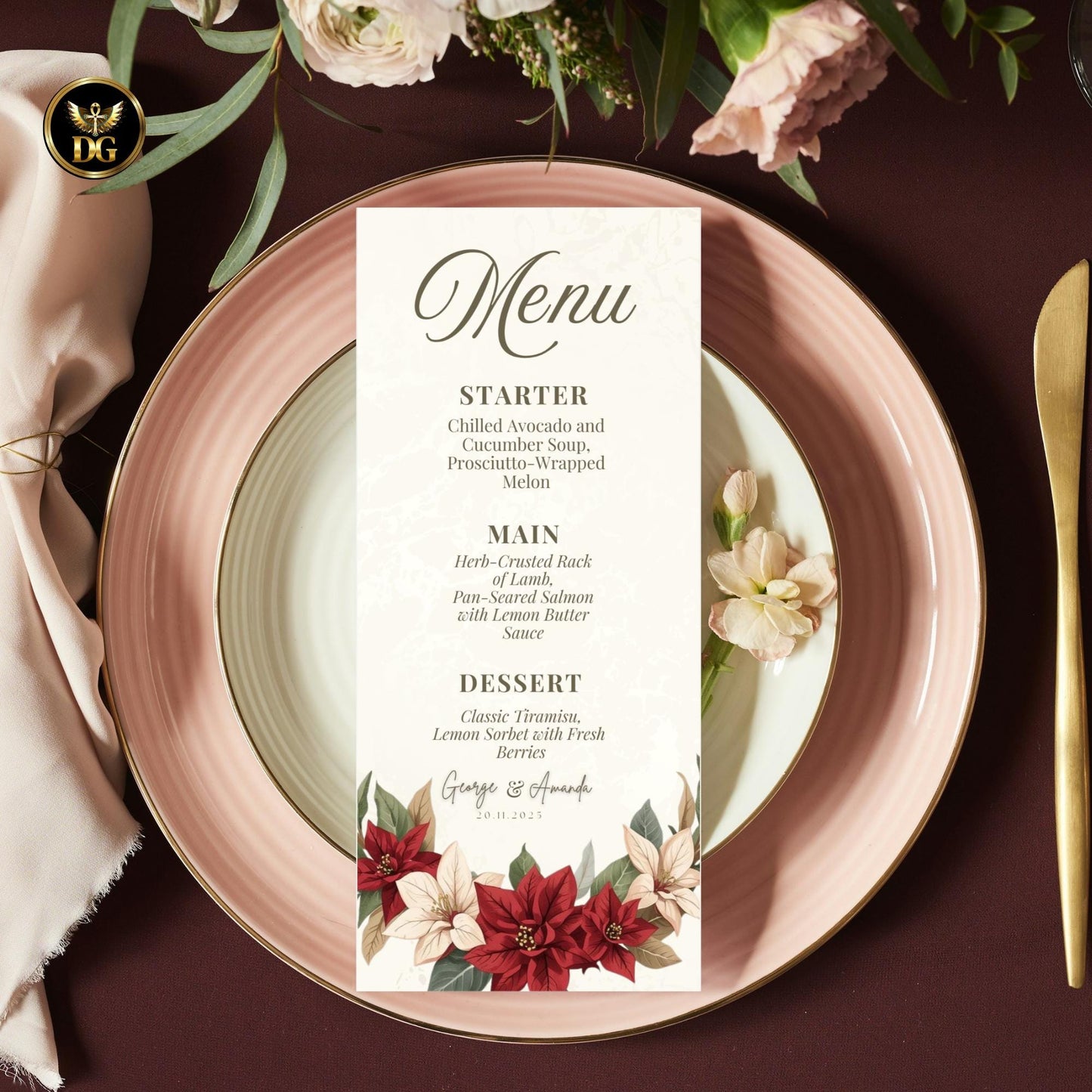 Christmas Party Digital Templates - Cream Gold Poinsettia Invitation, RSVP, Details, Menu, Thank You