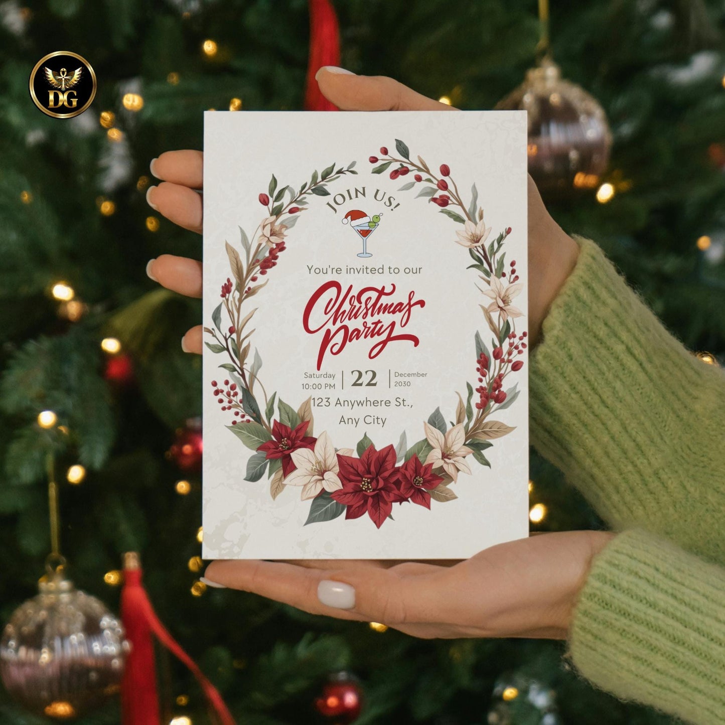 Christmas Party Digital Templates - Cream Gold Poinsettia Invitation, RSVP, Details, Menu, Thank You