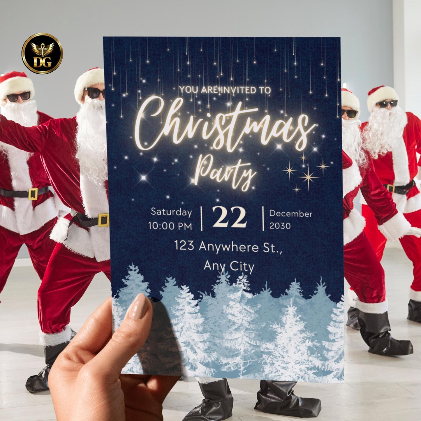 Elegant Christmas Party Invitation | Blue & Gold Holiday Invite | Winter Night Sky | Editable Digital Template