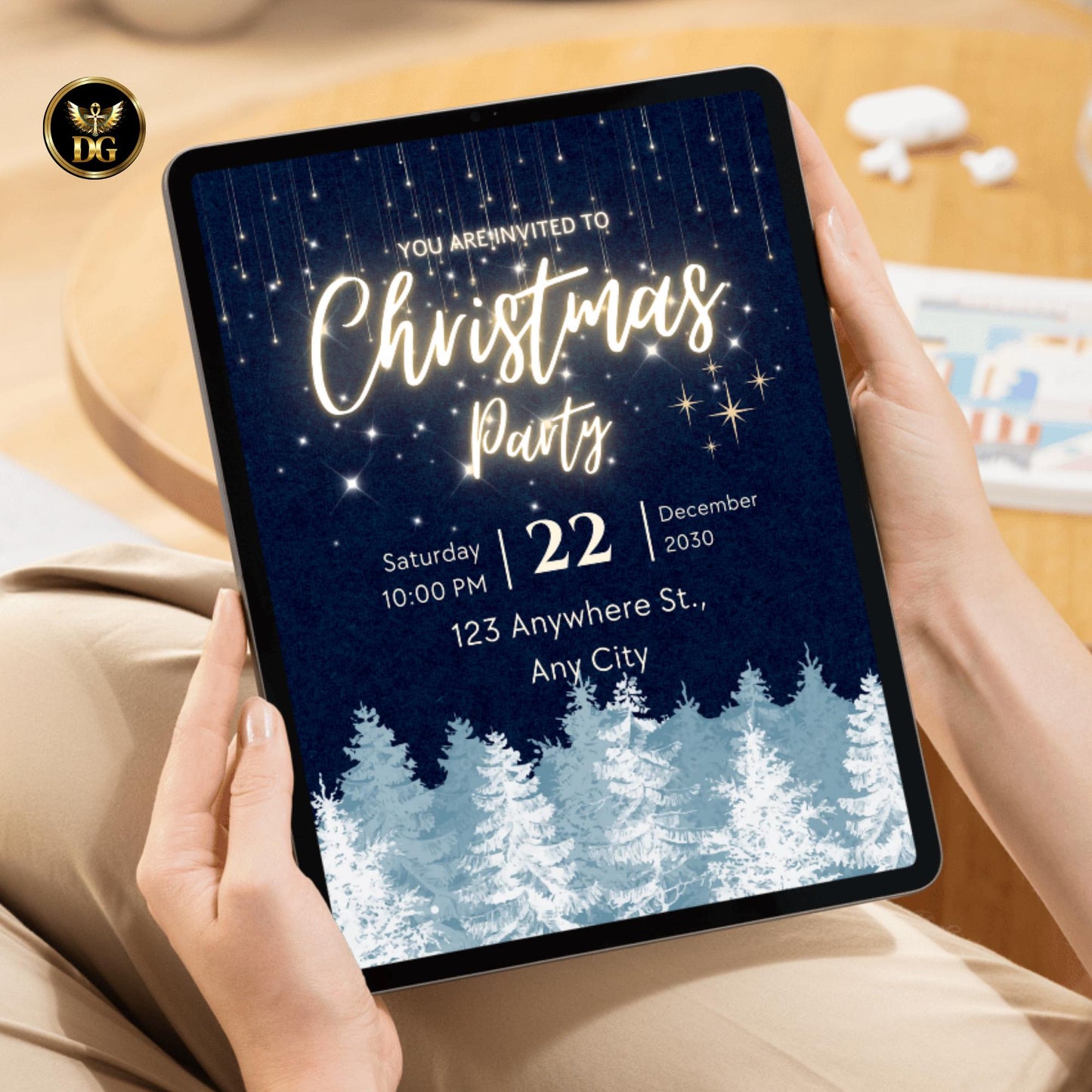 Elegant Christmas Party Invitation | Blue & Gold Holiday Invite | Winter Night Sky | Editable Digital Template