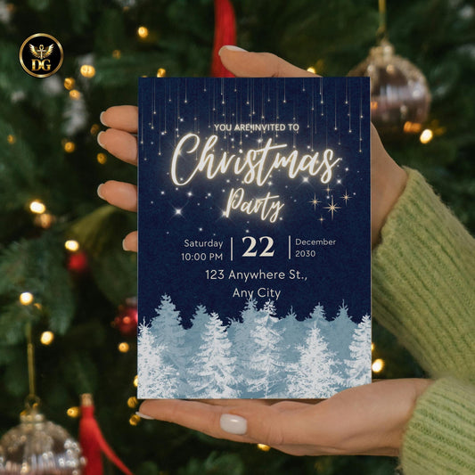Elegant Christmas Party Invitation | Blue & Gold Holiday Invite | Winter Night Sky | Editable Digital Template