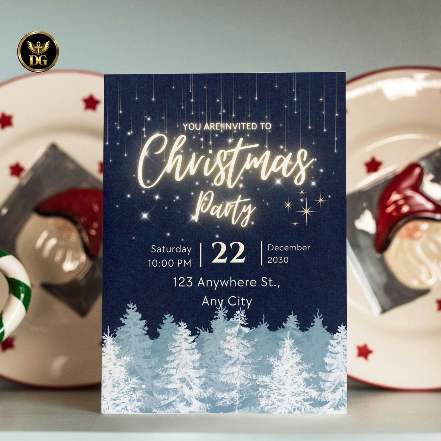 Elegant Christmas Party Invitation | Blue & Gold Holiday Invite | Winter Night Sky | Editable Digital Template