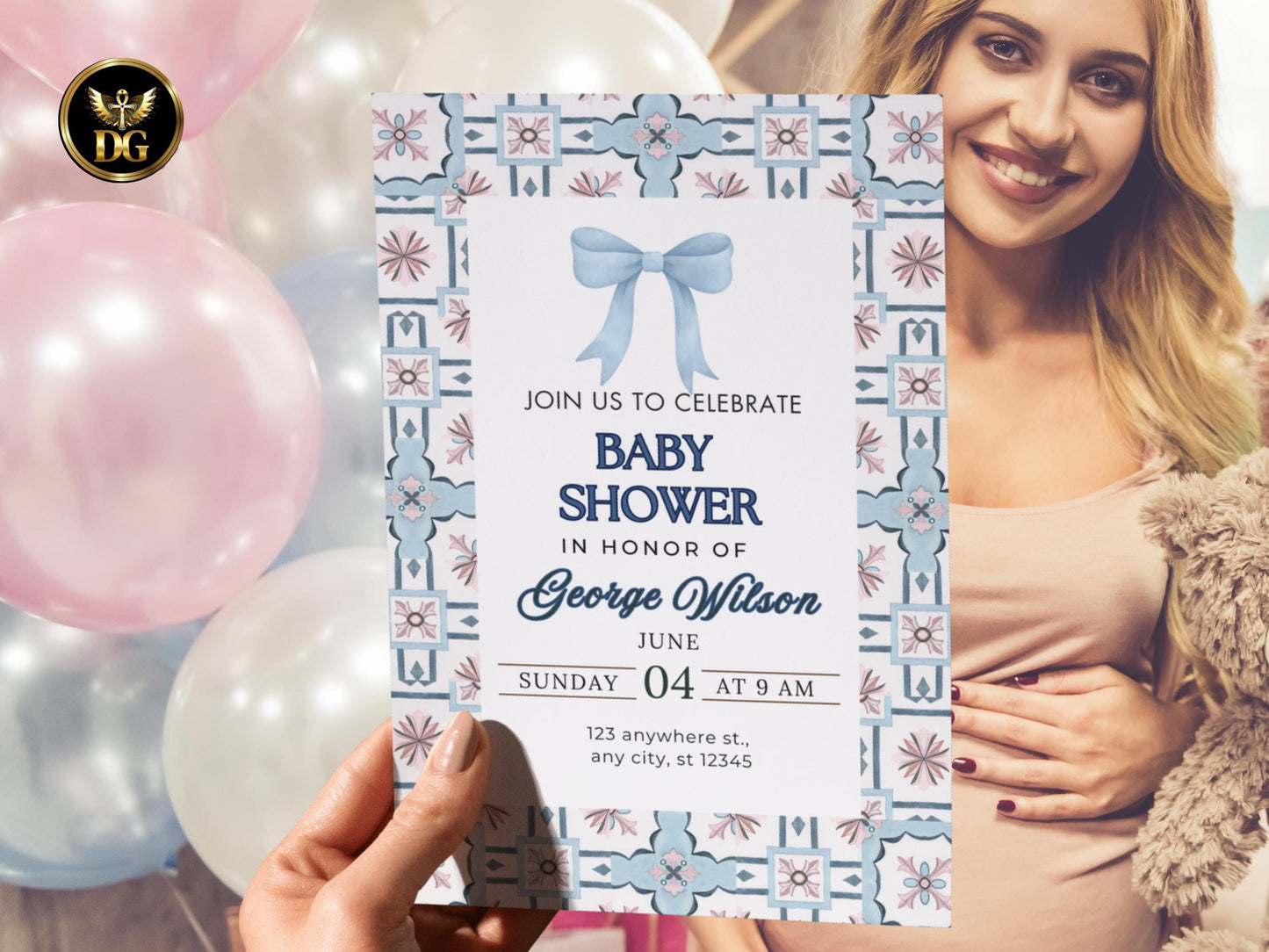 Editable Blue Baby Shower Invitation Set | Boy Baby Shower Template with Diaper Raffle & Book for Baby Cards | Canva Printable Invite