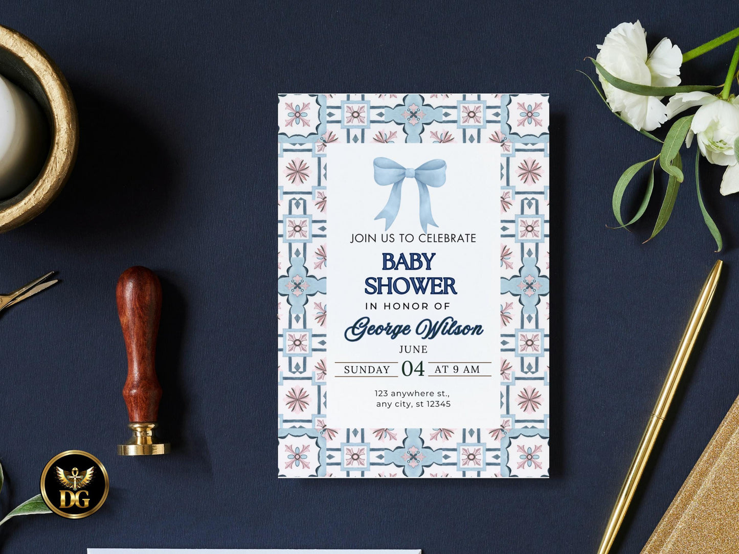 Editable Blue Baby Shower Invitation Set | Boy Baby Shower Template with Diaper Raffle & Book for Baby Cards | Canva Printable Invite