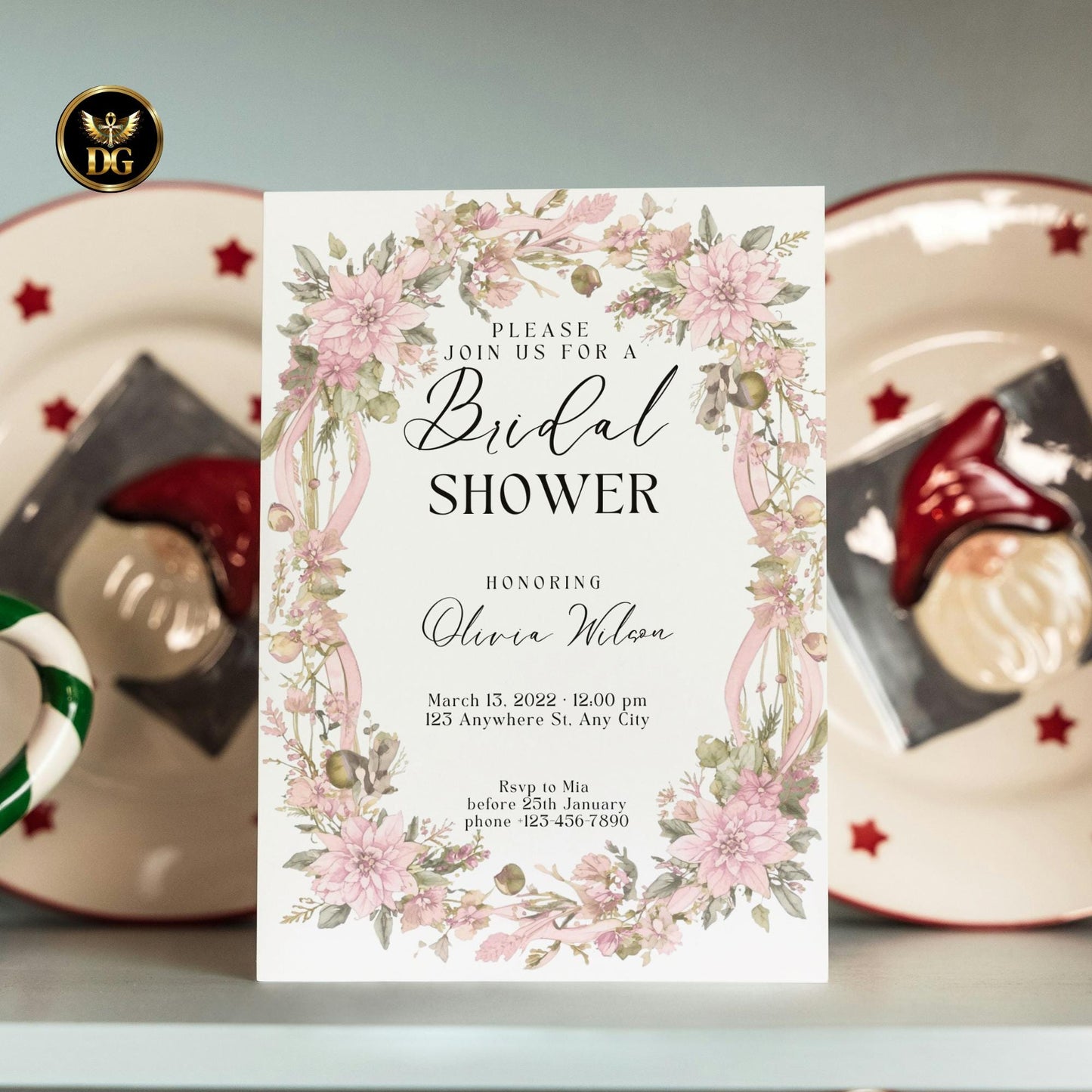 Pink Christmas Floral BridalShower Invitation Template Editable Canva Invite Suite with RSVP Details Card Instant Download Printable Wedding