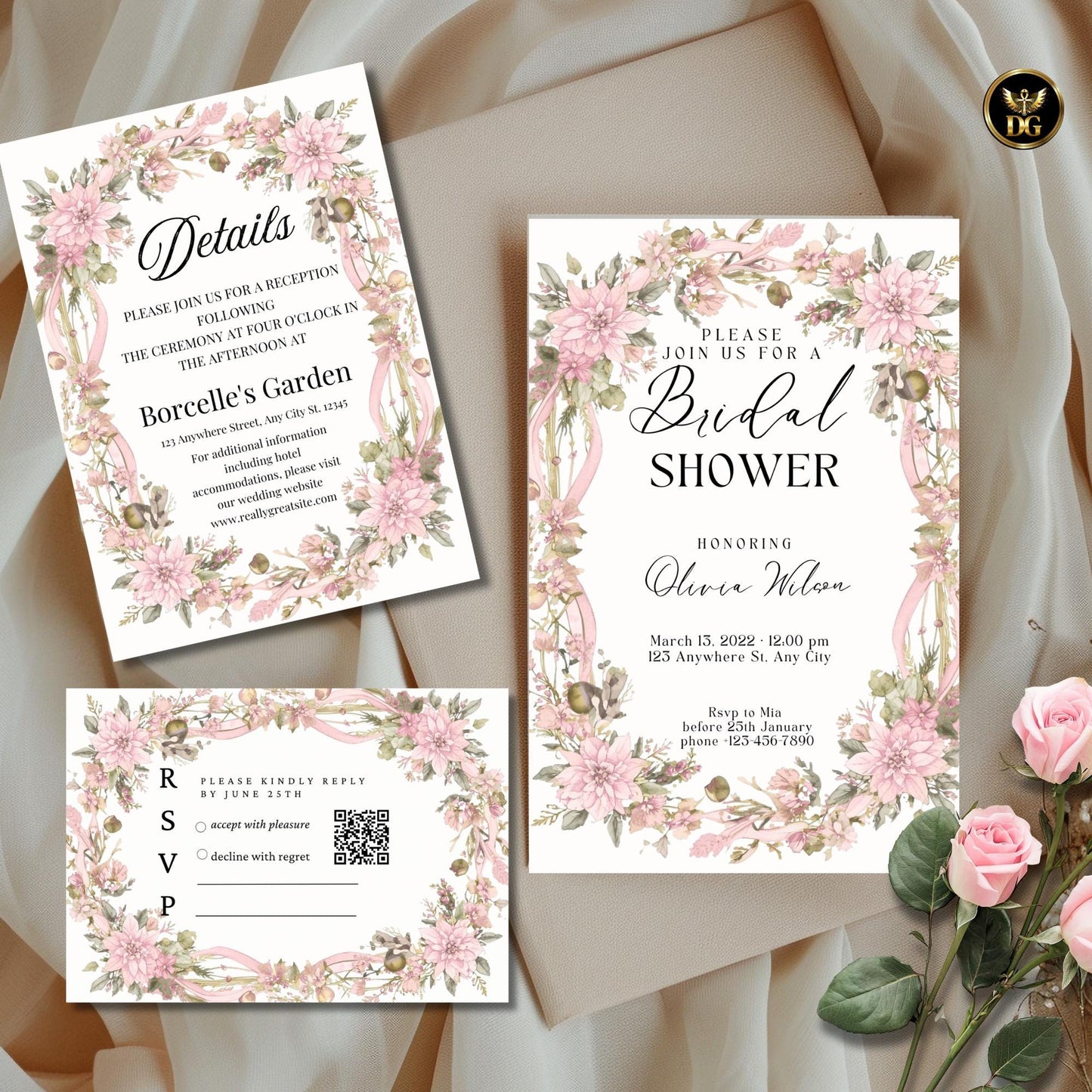 Pink Christmas Floral BridalShower Invitation Template Editable Canva Invite Suite with RSVP Details Card Instant Download Printable Wedding