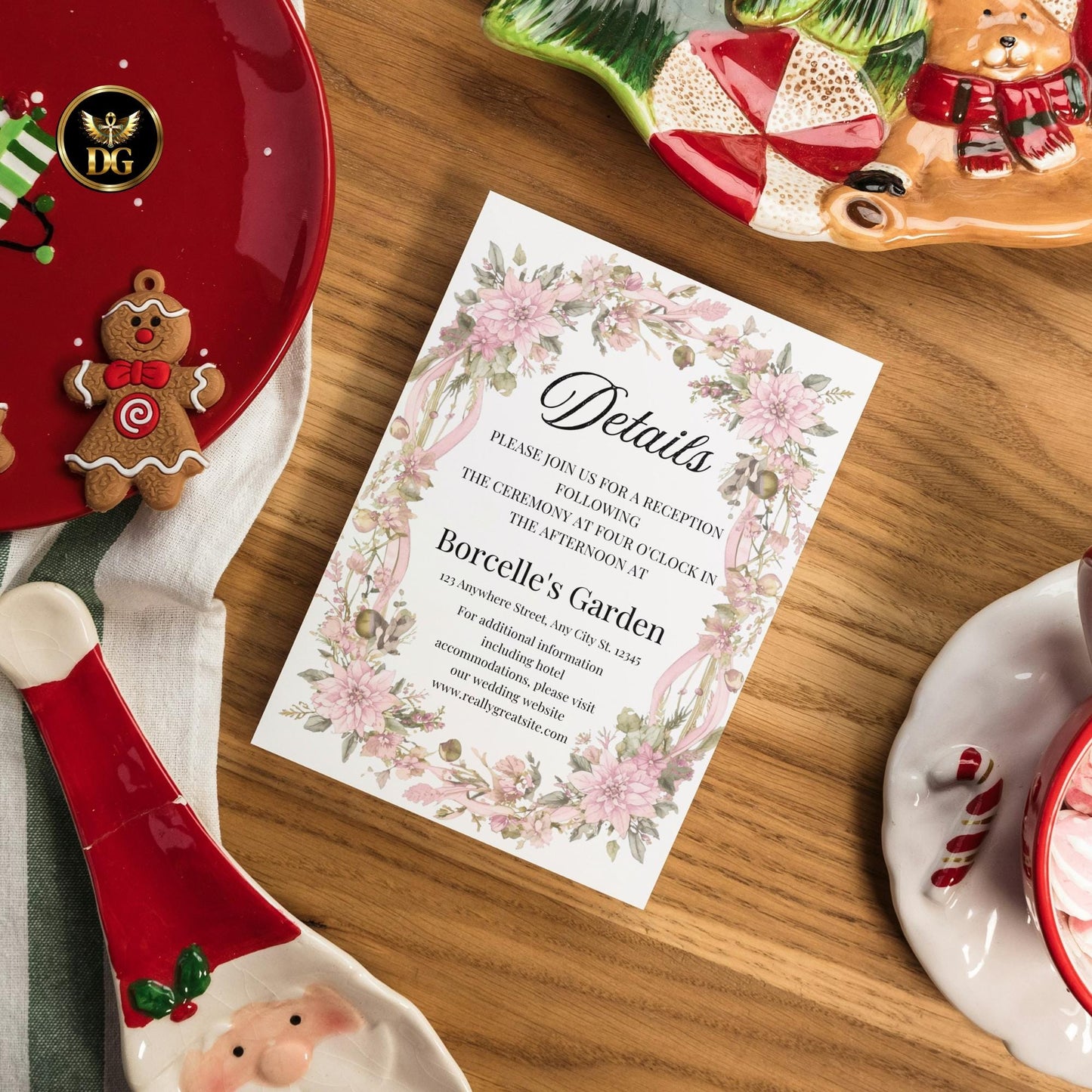 Pink Christmas Floral BridalShower Invitation Template Editable Canva Invite Suite with RSVP Details Card Instant Download Printable Wedding