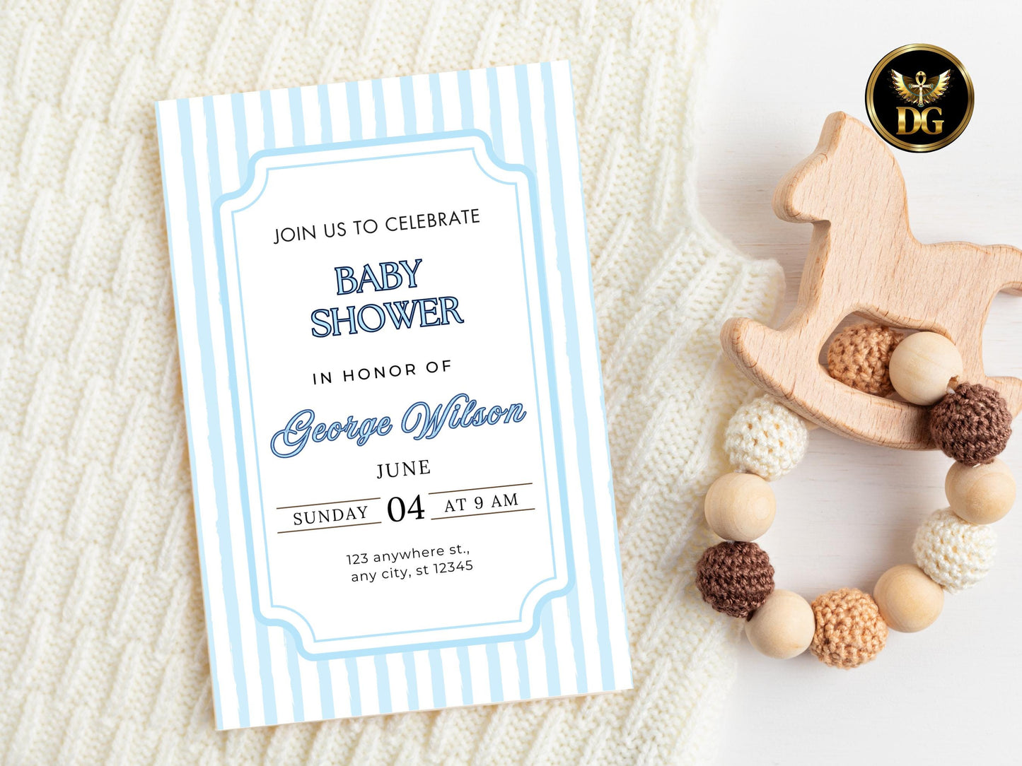 Blue Baby Shower Invitation Bundle, Editable Canva Template Boy Baby Shower Invite with Diaper Raffle Book for Baby Cards Printable Download