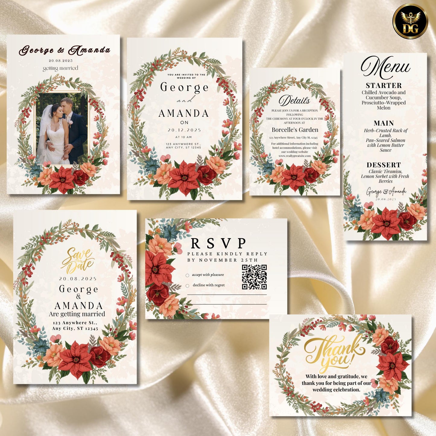 Christmas Wedding Invitation Bundle, Cream Gold Editable Canva Template with RSVP, Menu, Save Date, 7 Cards Instant Download