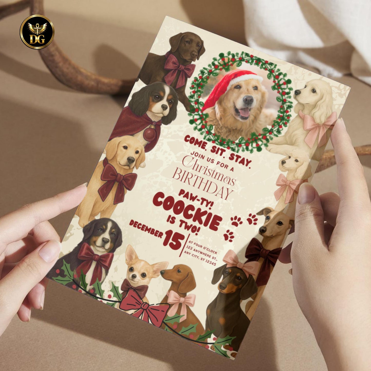 Dog Birthday Christmas Invitation – Cream Gold Canva Template, Editable Pet Party Invite, Puppy Photo Card, Holiday Dog Celebration