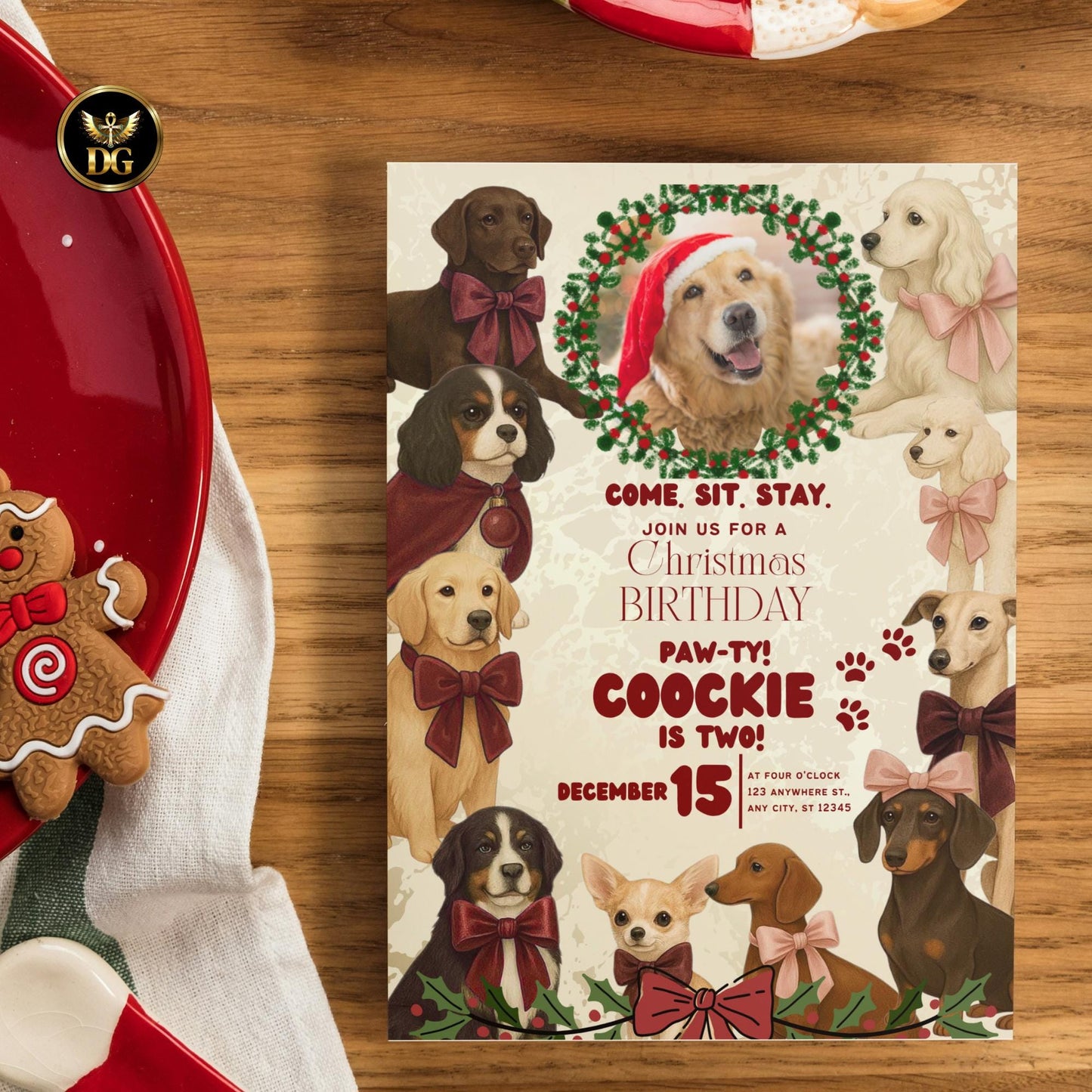 Dog Birthday Christmas Invitation – Cream Gold Canva Template, Editable Pet Party Invite, Puppy Photo Card, Holiday Dog Celebration