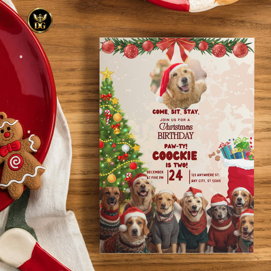 Christmas Dog Photo Invitation – Cream Gold Canva Template, Editable Pet Party Card, Santa Hat Puppy Invite, Holiday Dog Celebration