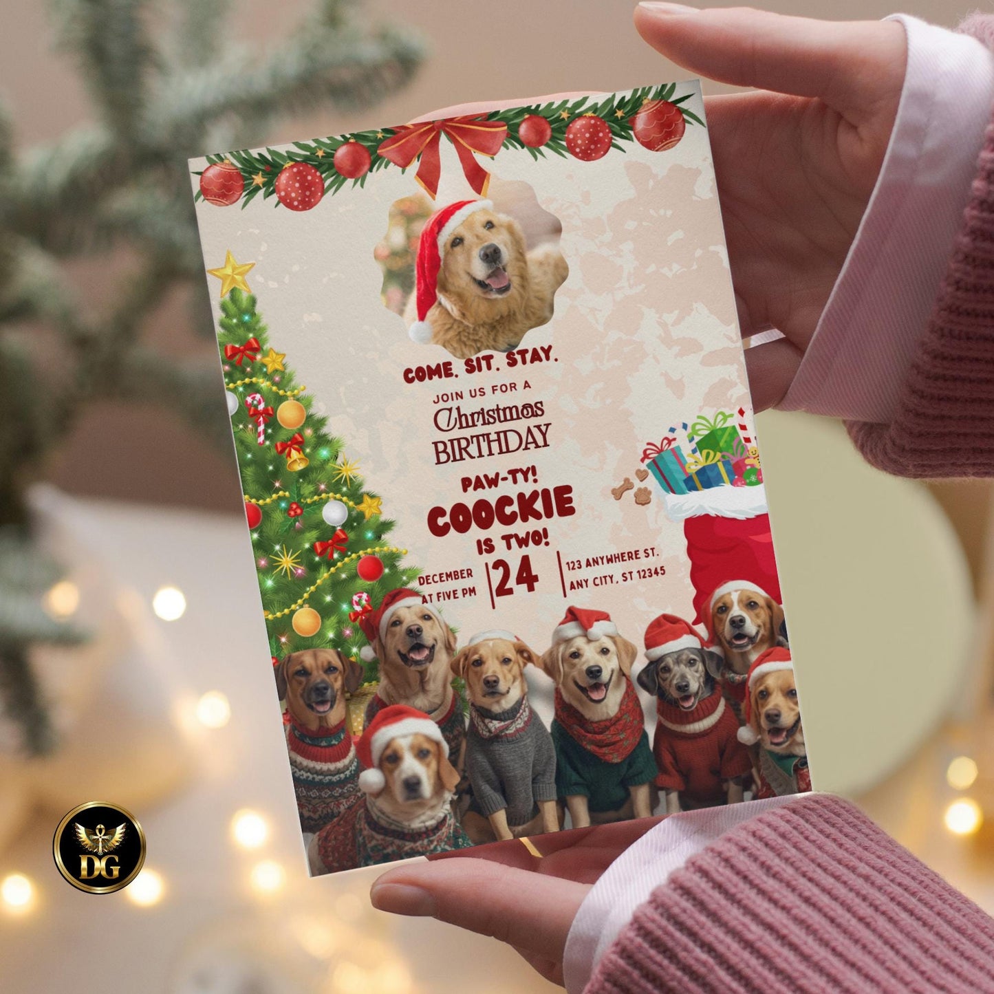 Christmas Dog Photo Invitation – Cream Gold Canva Template, Editable Pet Party Card, Santa Hat Puppy Invite, Holiday Dog Celebration