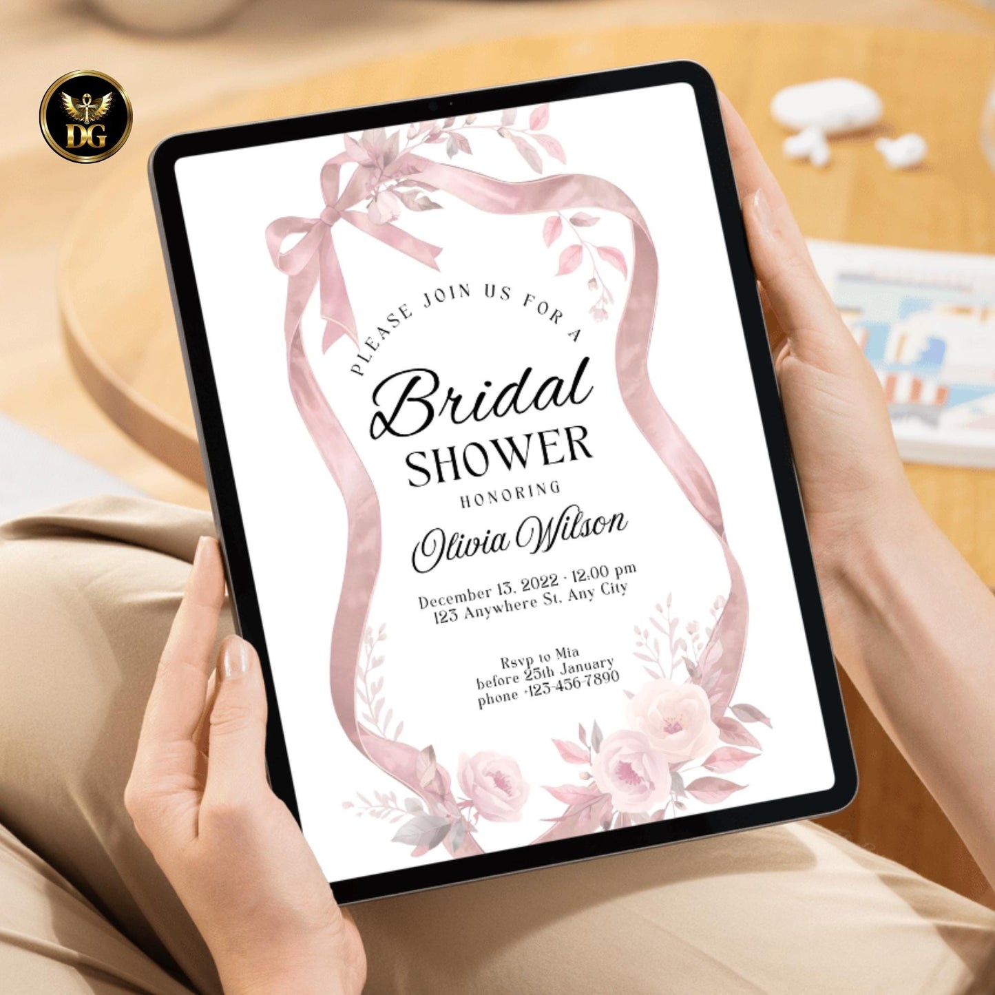 Pink Ribbon Bridal Shower Invitation Set – Elegant White Canva Template, Editable Floral Invite Bundle, 5 Cards Suite