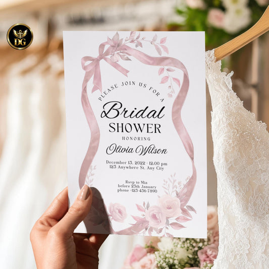 Pink Ribbon Bridal Shower Invitation Set – Elegant White Canva Template, Editable Floral Invite Bundle, 5 Cards Suite
