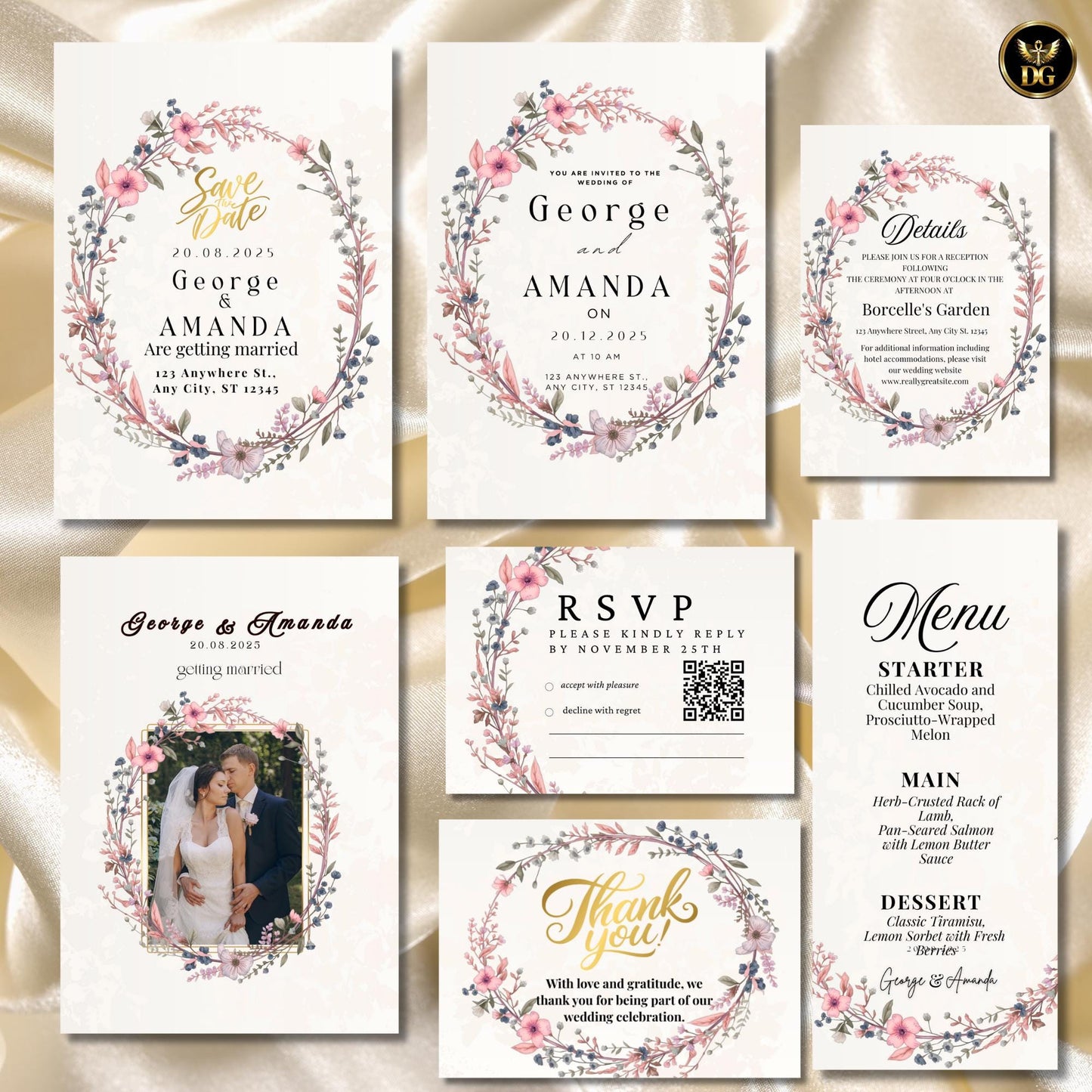 Elegant Blush Gold Wedding Invitation Bundle – Cream Gold Floral Canva Template, 7 Cards Suite, Editable Modern Wedding Set