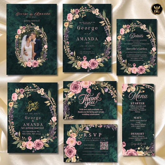 Emerald Velvet Blush Wedding Invitation Set, Elegant Gold Floral Canva Templates, Romantic 7 Card Suite, Printable Invitation Bundle