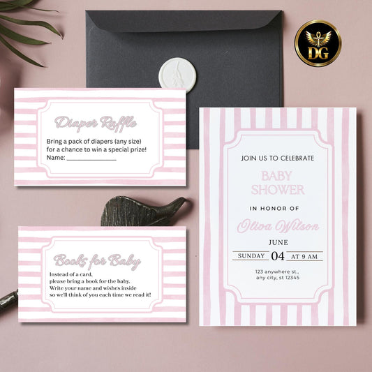 Pink Baby Shower Invitation Bundle, Editable Canva Template with Diaper Raffle & Book for Baby Cards, Modern Girl Shower Printable