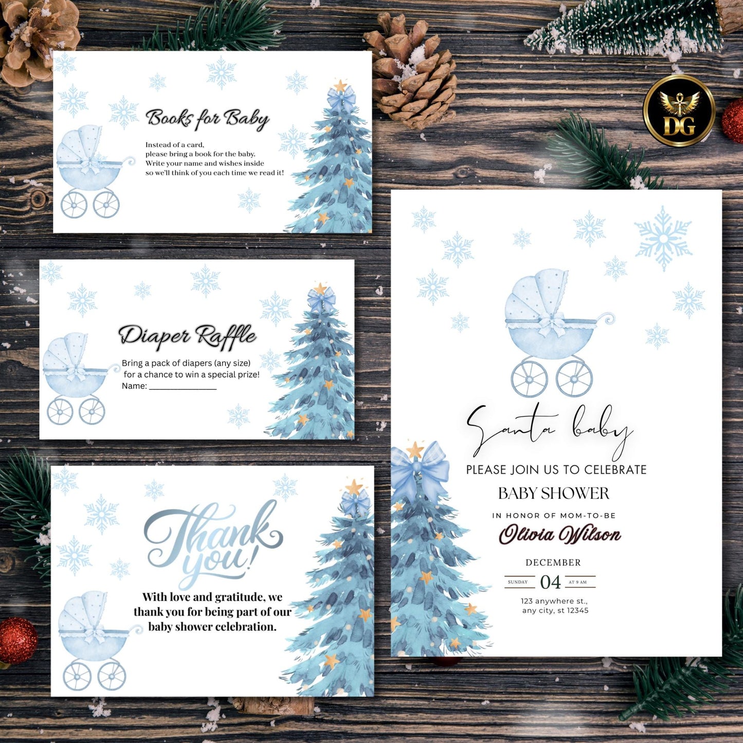 Editable Blue Christmas Baby Shower Invitation | Baby Car Winter Baby Shower Invite | Boy Baby Shower Template with Blue Bow