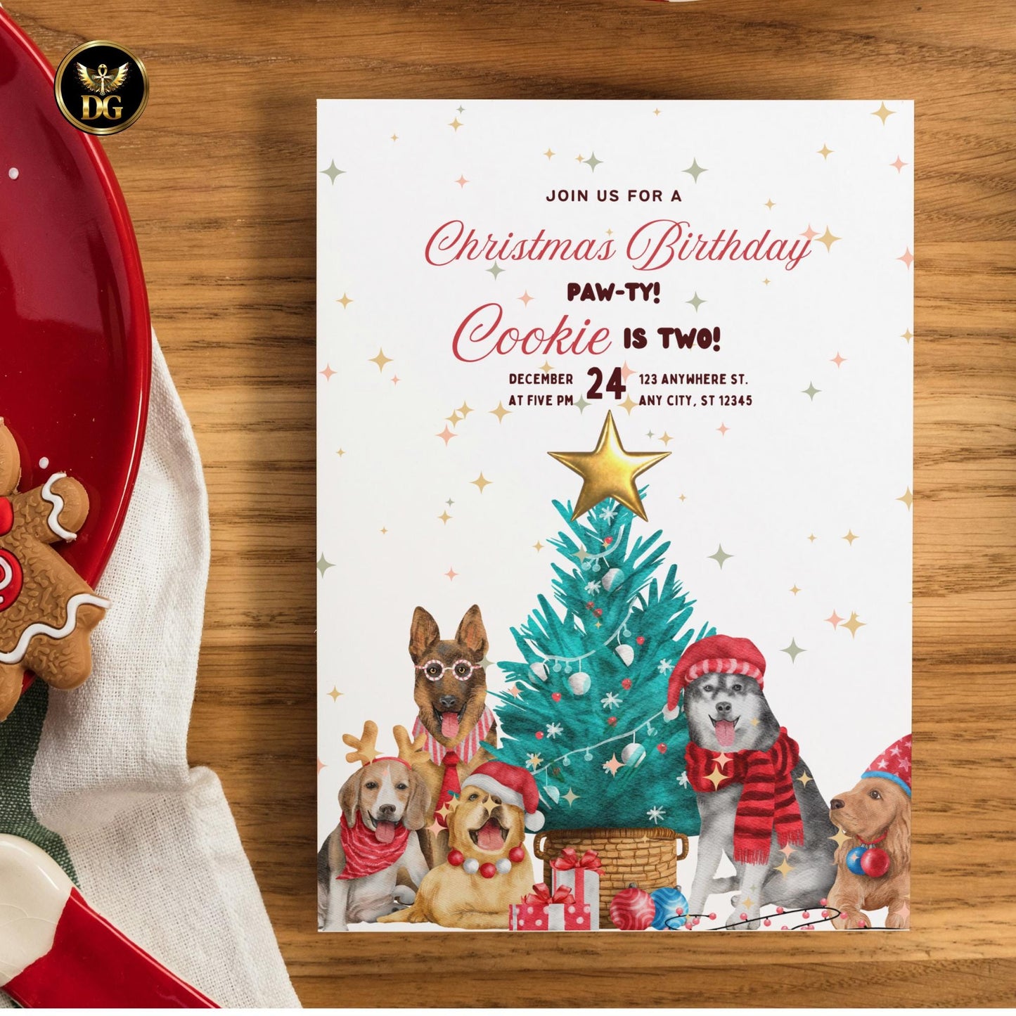 Christmas Dog Birthday Invitation | Pet Birthday Party Template | Editable Puppy Invite | Holiday Dog Party Card Printable