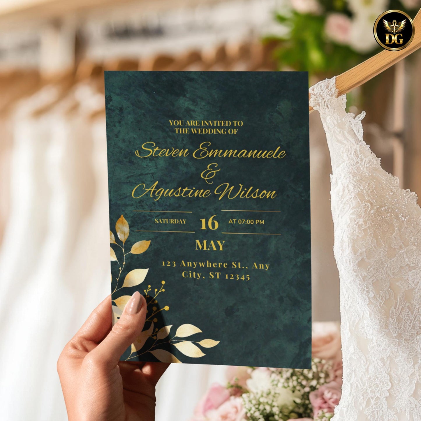 Emerald Green & Gold Wedding Invitation Suite, Editable Canva Template, Luxury Elegant Design, Printable Bundle with RSVP, Details Card