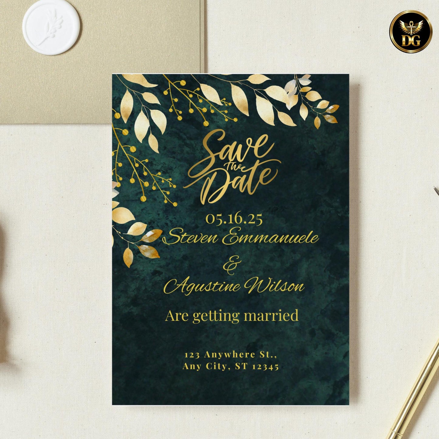 Emerald Green & Gold Wedding Invitation Suite, Editable Canva Template, Luxury Elegant Design, Printable Bundle with RSVP, Details Card