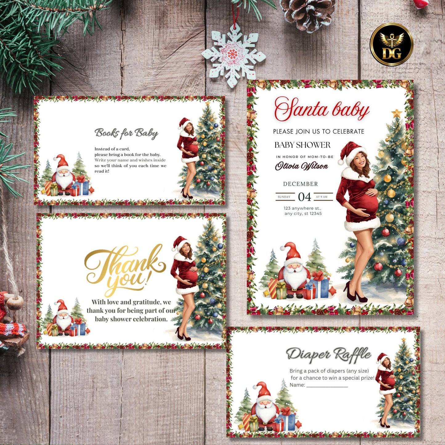 Christmas Baby Shower Bundle – Editable Invitations, Thank You Cards, Diaper Reveal & Books for Baby, Watercolor Holiday Theme