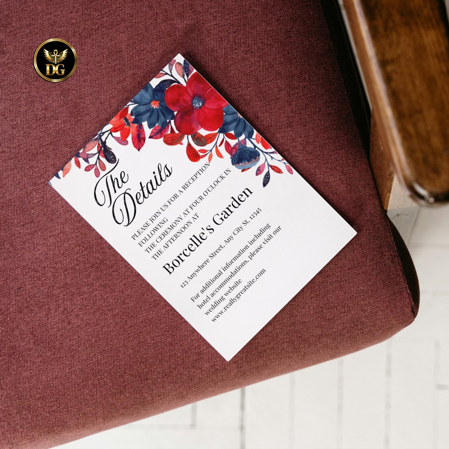 Elegant Red & Blue Flora Wedding Invitation Set, 6 Card Bundle Printable Wedding Invite Suite, RSVP, Details, Menu, Thank You, Save the Date