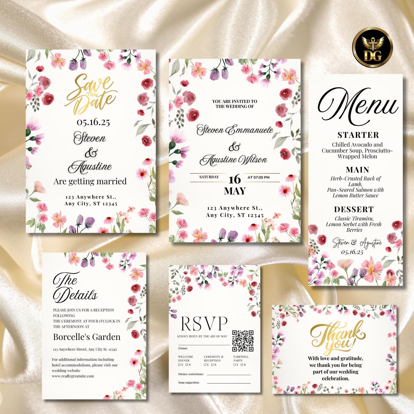 Watercolor Floral Wedding Invitation Set, 6 Card Bundle with Soft Gold Background | Elegant Printable Wedding Suite, RSVP, Menu, Details