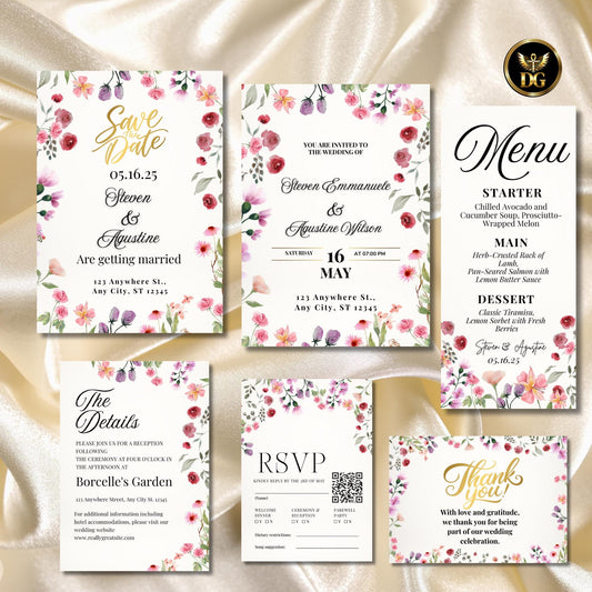 Watercolor Floral Wedding Invitation Set, 6 Card Bundle with Soft Gold Background | Elegant Printable Wedding Suite, RSVP, Menu, Details