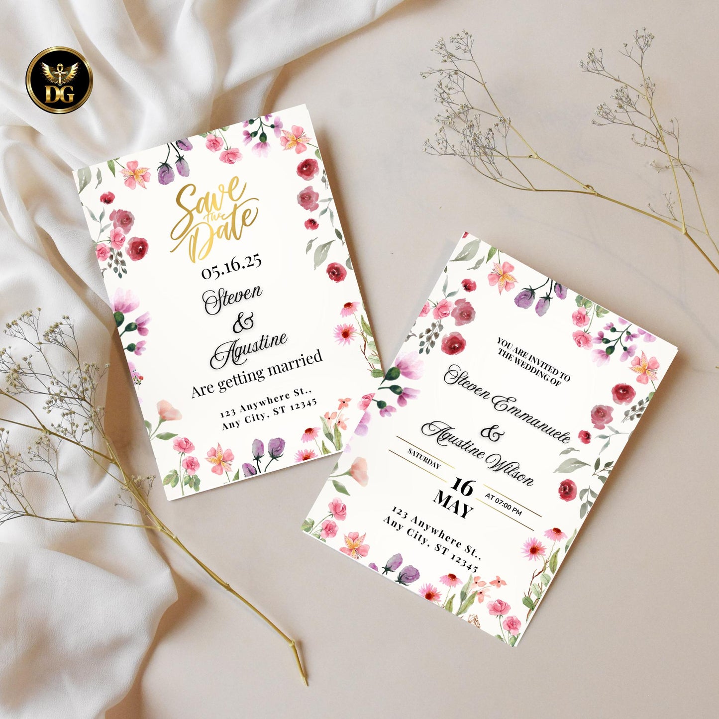 Watercolor Floral Wedding Invitation Set, 6 Card Bundle with Soft Gold Background | Elegant Printable Wedding Suite, RSVP, Menu, Details