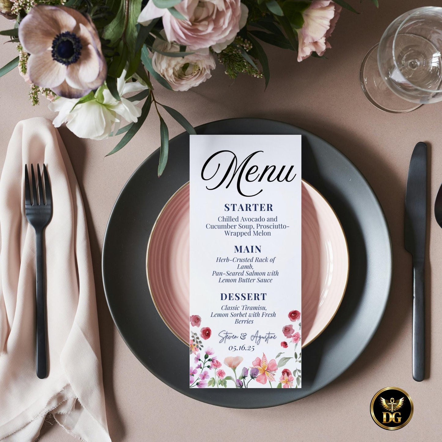 Watercolor Floral Wedding Invitation Set, 6 Card Bundle with Soft Gold Background | Elegant Printable Wedding Suite, RSVP, Menu, Details