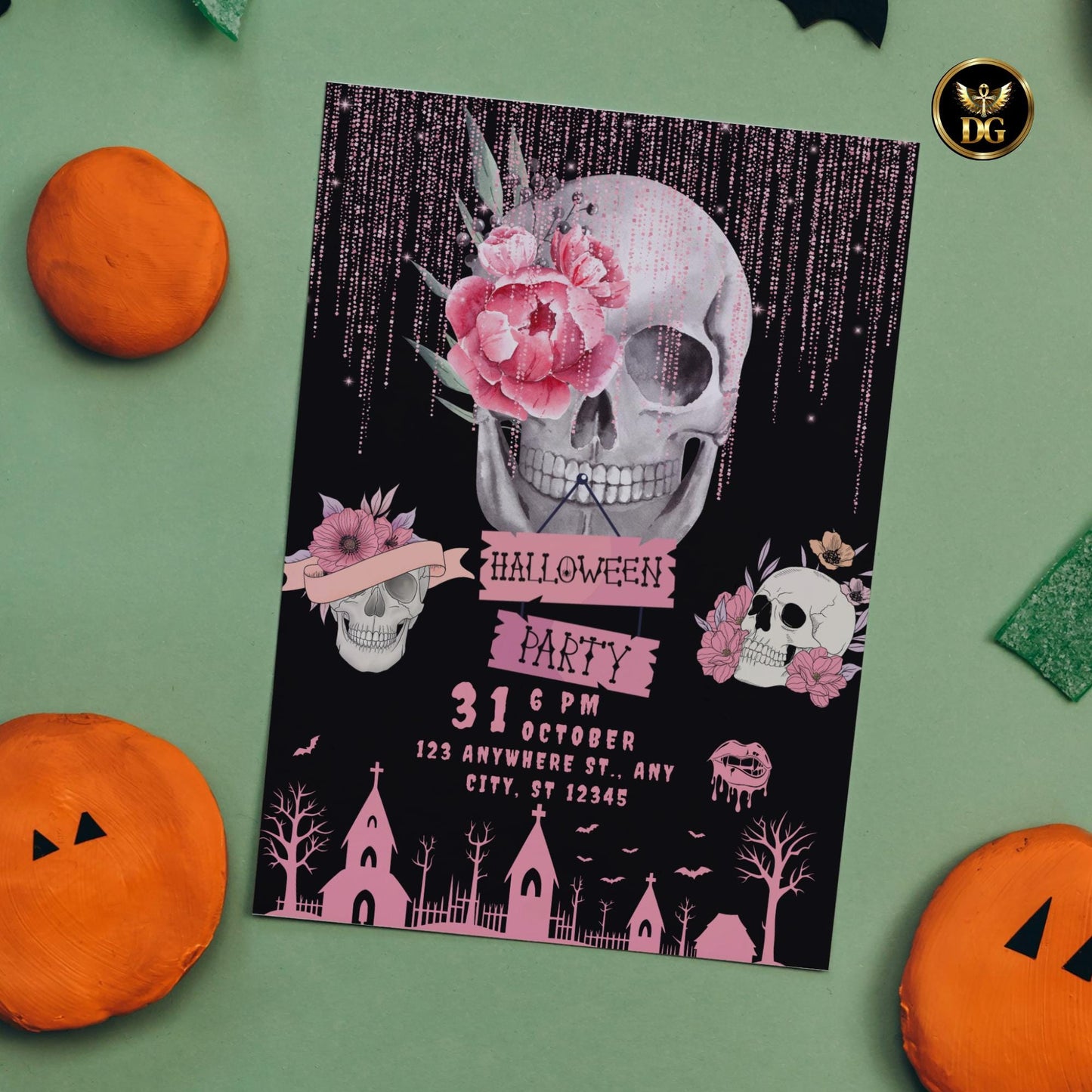 Pink Floral Skull Halloween Party Invitation, Editable Canva Template, Spooky Chic Gothic Invite, Printable Digital Download