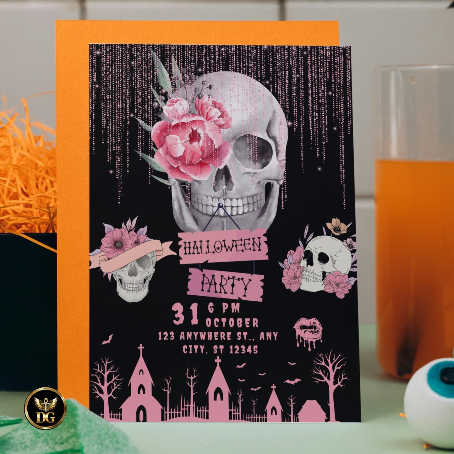 Pink Floral Skull Halloween Party Invitation, Editable Canva Template, Spooky Chic Gothic Invite, Printable Digital Download