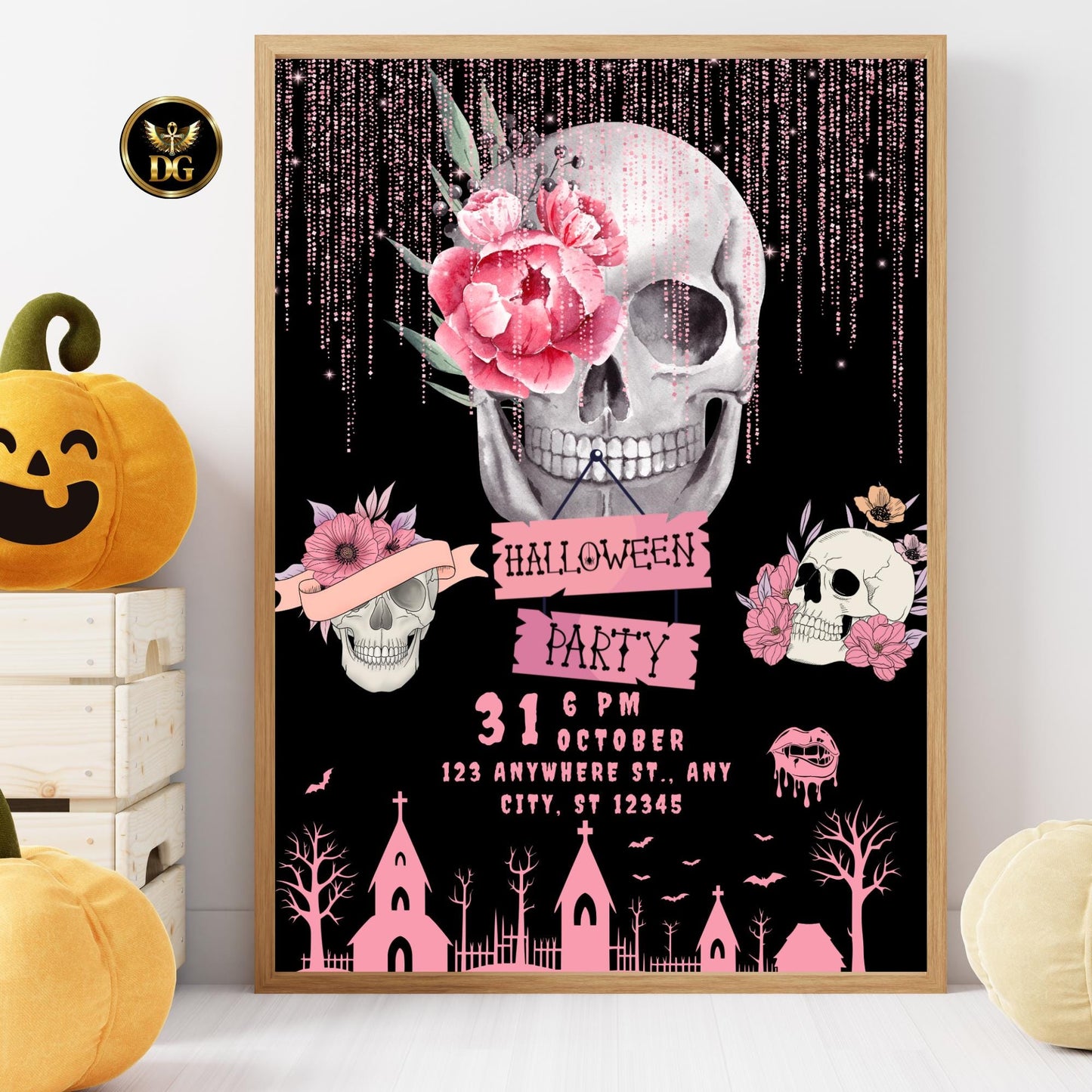 Pink Floral Skull Halloween Party Invitation, Editable Canva Template, Spooky Chic Gothic Invite, Printable Digital Download