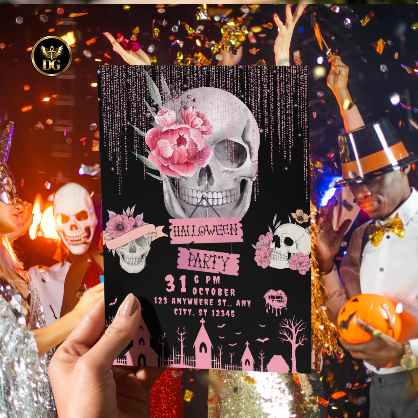 Pink Floral Skull Halloween Party Invitation, Editable Canva Template, Spooky Chic Gothic Invite, Printable Digital Download
