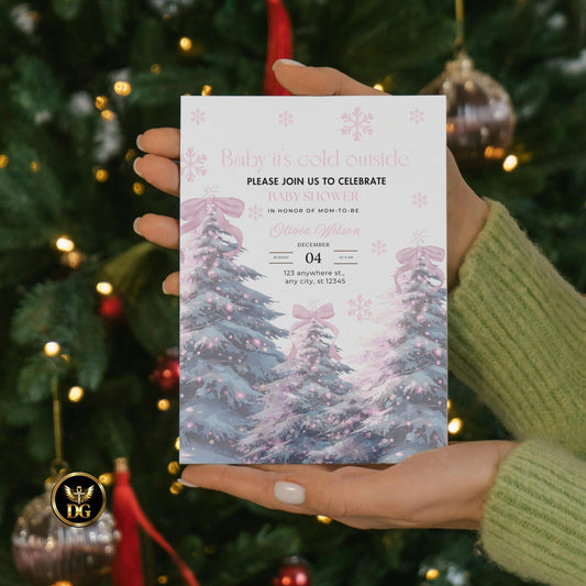 Christmas Baby Shower Digital Templates Bundle  Pink Christmas Tree with Pink Bow, Invitation, Thank You, Diaper Refill, Books for Baby Card