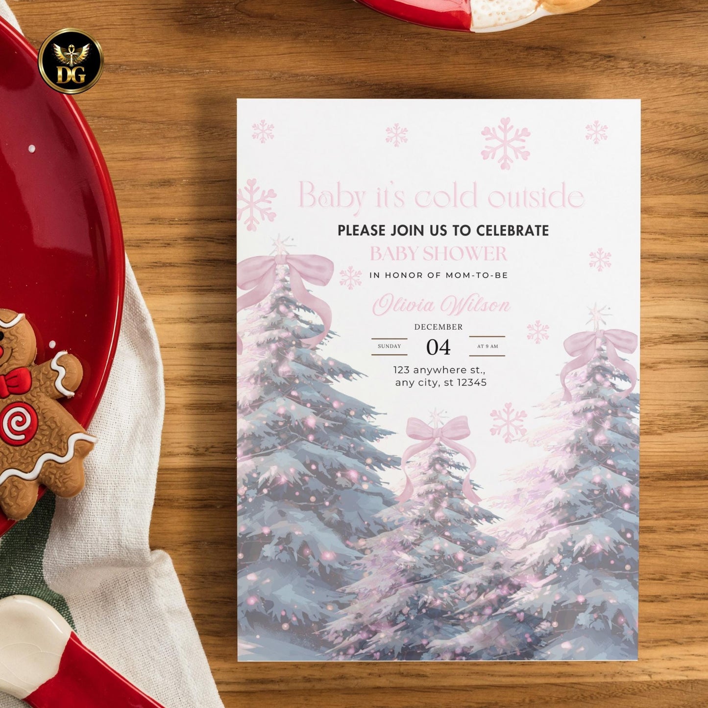 Christmas Baby Shower Digital Templates Bundle  Pink Christmas Tree with Pink Bow, Invitation, Thank You, Diaper Refill, Books for Baby Card