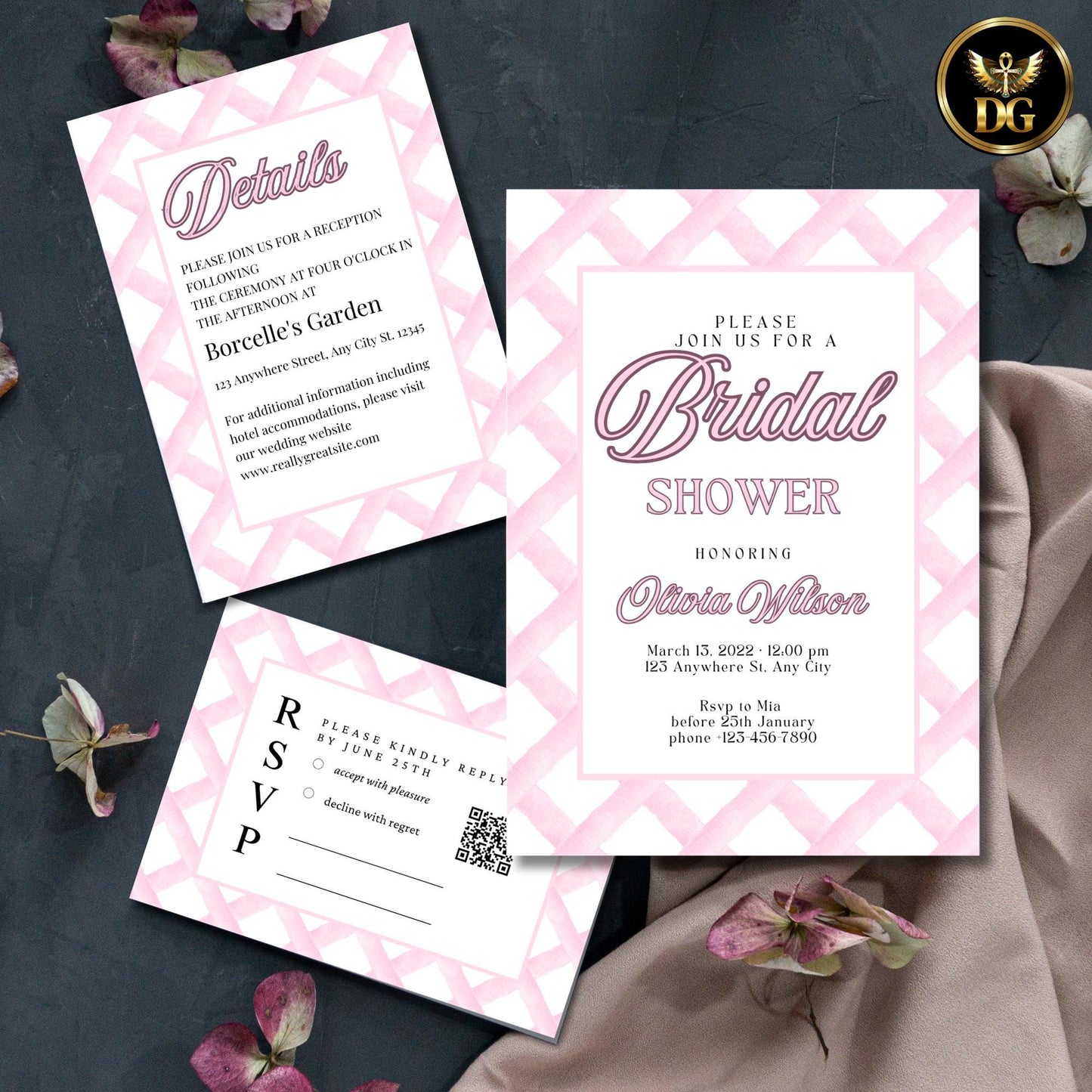 Bridal Shower Invitation Set Pink Embroidery | Printable Details, RSVP Cards | Elegant White & Pink Frame Template