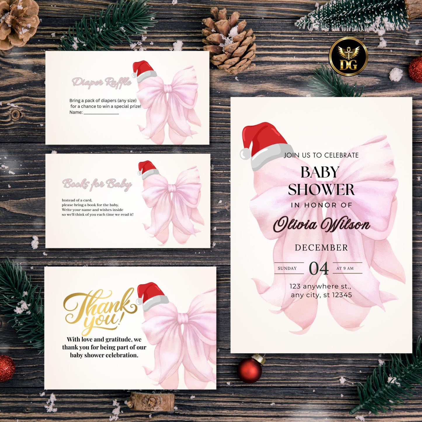 Baby Girl Christmas Shower Invitation Bundle, Pink Bow Watercolor Holiday Baby Shower Set, Editable 5x7 Cards, Winter Santa Hat Theme