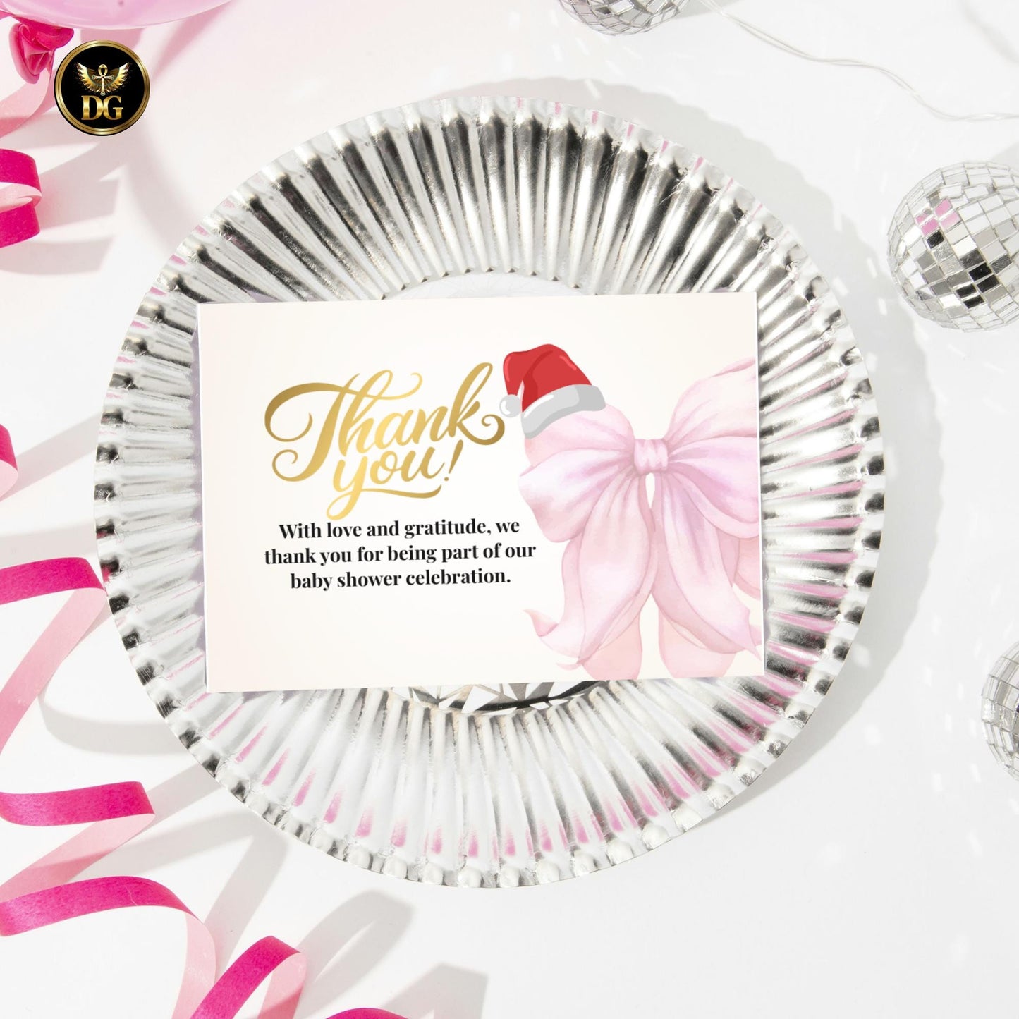 Baby Girl Christmas Shower Invitation Bundle, Pink Bow Watercolor Holiday Baby Shower Set, Editable 5x7 Cards, Winter Santa Hat Theme