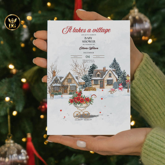 Festive Christmas Baby Shower Invitation Bundle | Pink Baby Carriage Winter Wonderland Set | Editable Christmas Baby Shower Templates