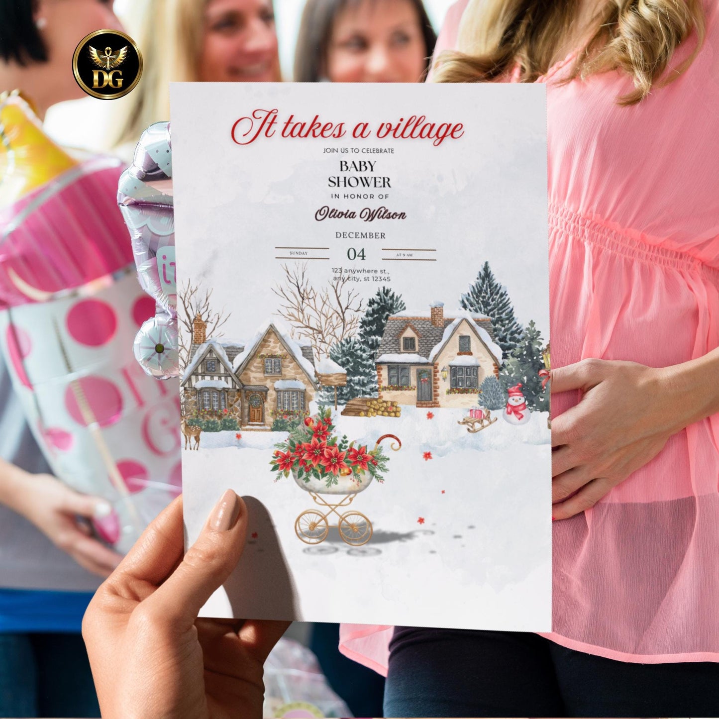 Festive Christmas Baby Shower Invitation Bundle | Pink Baby Carriage Winter Wonderland Set | Editable Christmas Baby Shower Templates