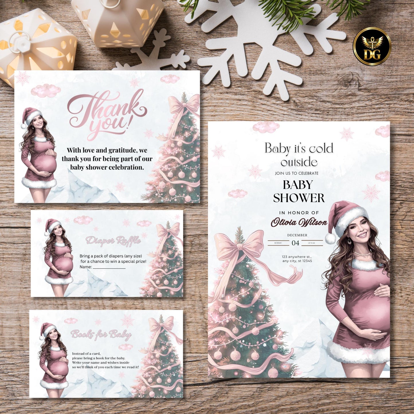 Pink Christmas Baby Shower Bundle | Winter Baby Shower Invitation Set | Santa Mom Watercolor | Editable Invite, Thank You & Raffle Cards